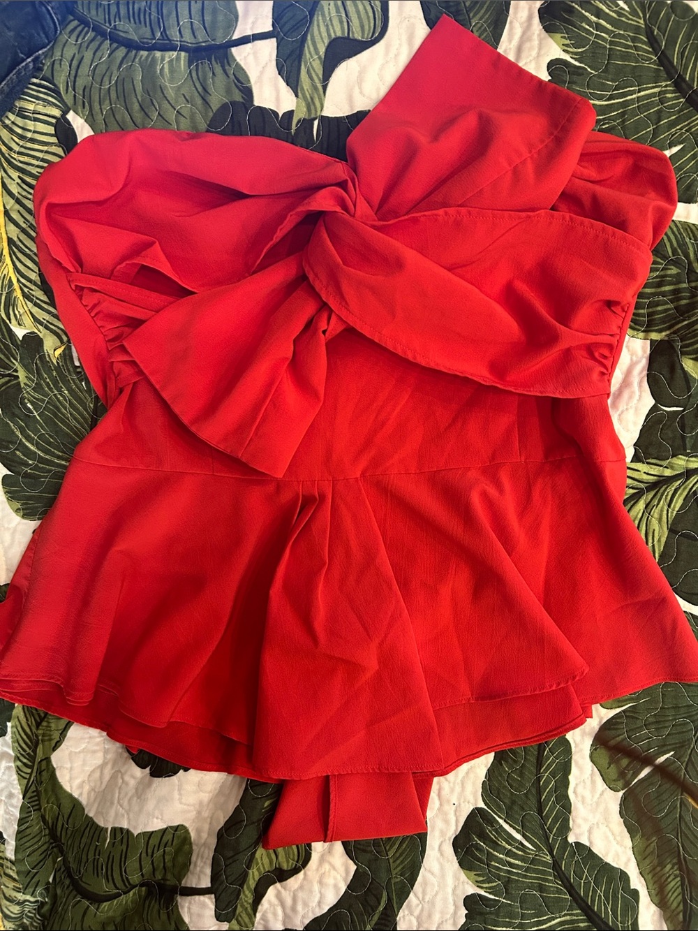 Fashion Nova Strapless Red Peplum top with Front Twist Bow